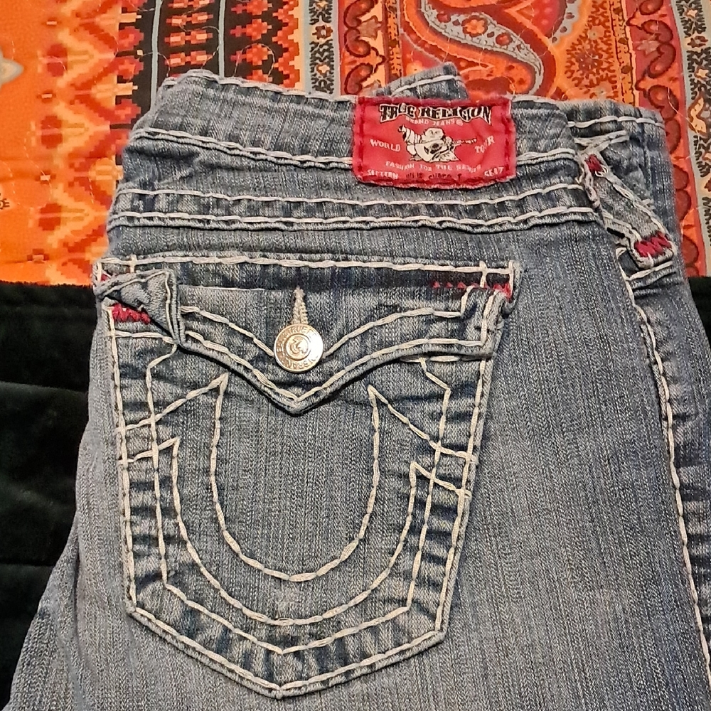 True Religion Women's Light Blue Denim Bootcut Jeans with Signature Pocket